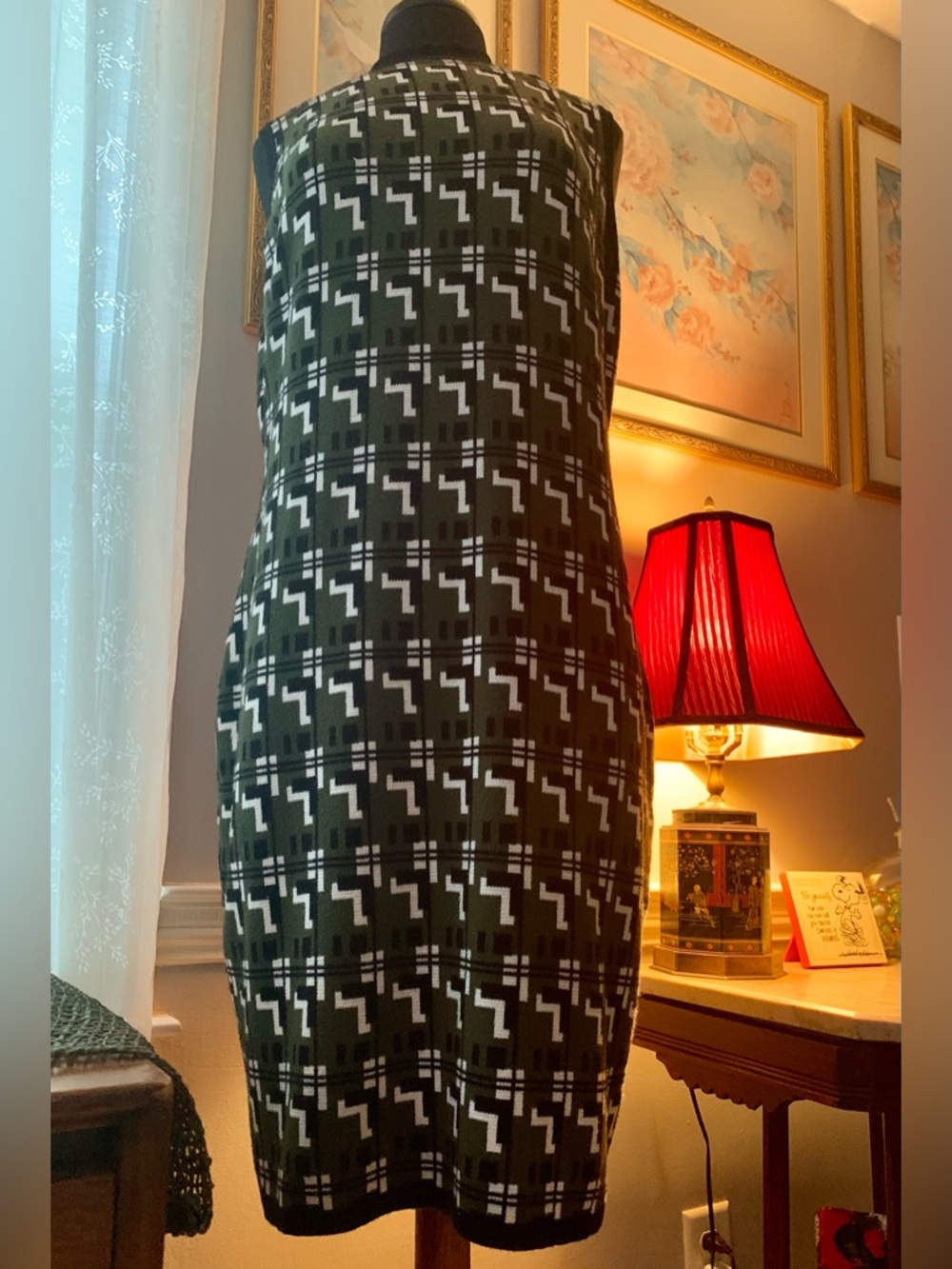 Ashley Stewart Green, Black and White Geometric Bodycon Sweater Dress